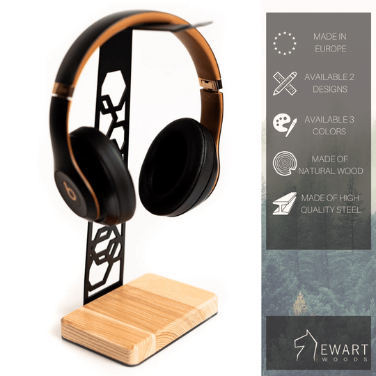 Stylish headphone stand with hexagonal cutout design on a high-quality steel frame, supported by a natural birch wood base. Available in two designs and three color options, made in Europe with premium materials.