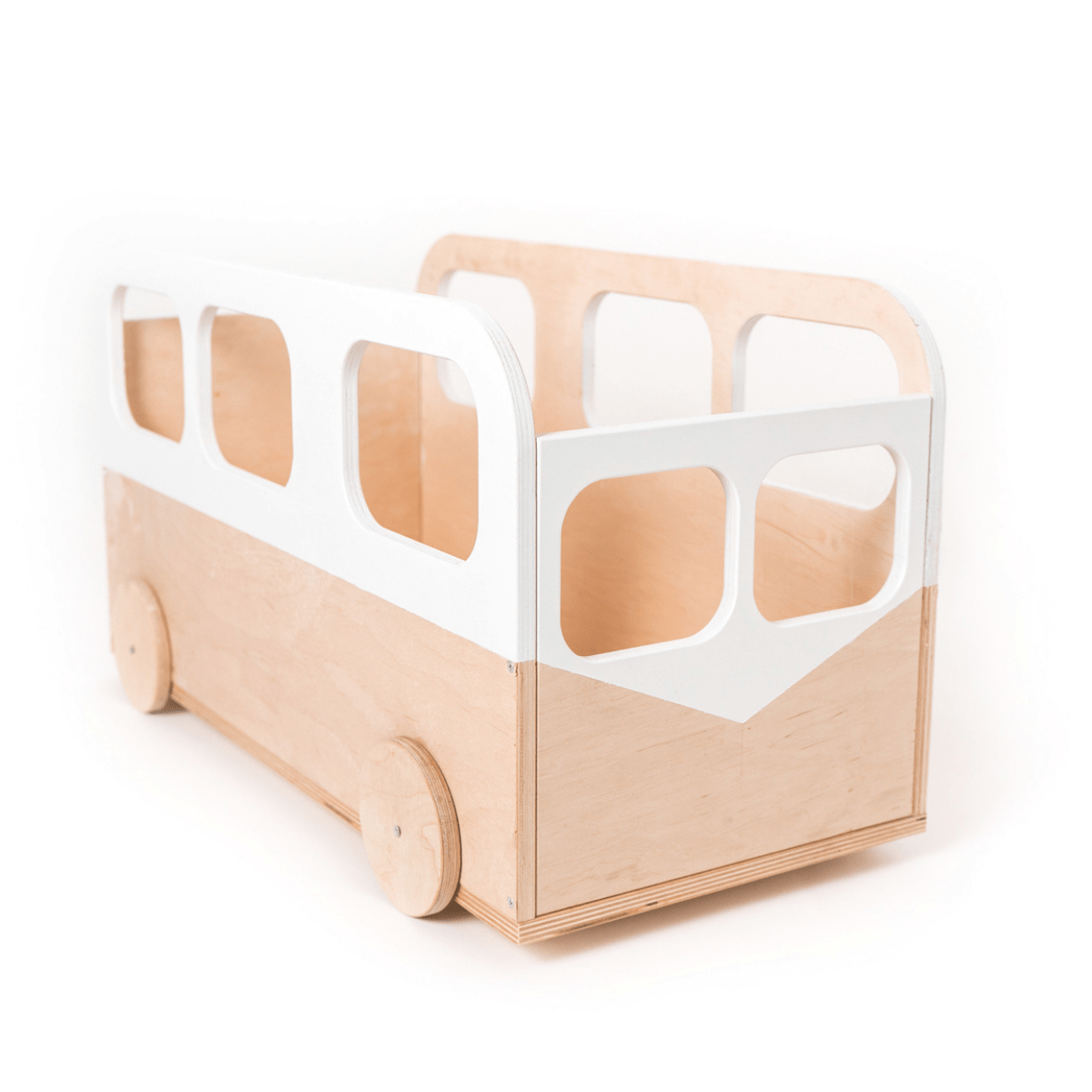 A wooden toy bus with a minimalist design, featuring round wheels and white cutout windows on its sides. The bus has an open top and smooth edges, suitable for children's play or storage.