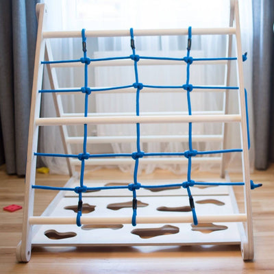 Wooden Pikler triangle 3-in-1 climbing frame for kids in blue birch plywood