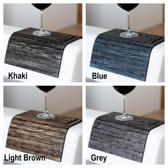 Burned Wooden Sofa Arm Tray Table on a couch arm, showcasing its versatility and stylish burnt wood finish. EWART WOODS