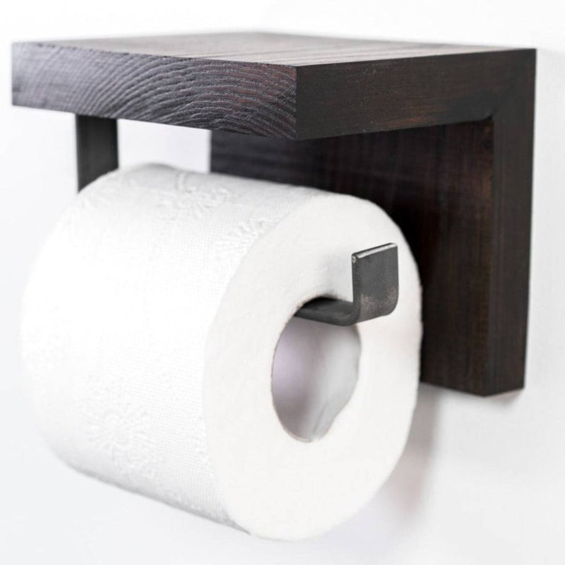 Mini metal and wood toilet paper holder wall mounted compact bathroom storage oak