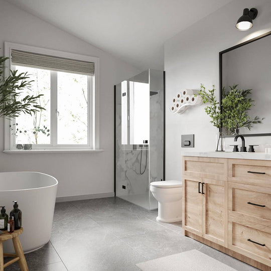 A stylish bathroom featuring a wall-mounted toilet paper holder with a wave design, displaying several rolls. The space includes a bathtub, a walk-in shower, a wooden vanity, and plants, all within a minimalist design.